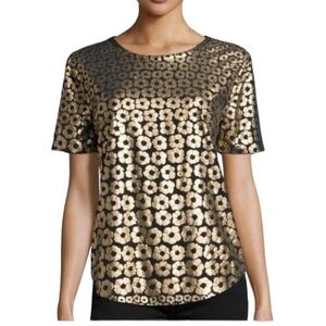 NWT Equipment Black/Gold 100% Silk Short Sleeve Round Neck Blouse Too Size S